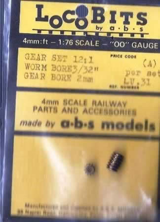 A B S Models: OO Gauge: Gear Set 12:1 Worm Bore 3/32