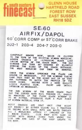 South Eastern Finecast: OO Gauge: Airfix/Dapol 60' Corridor Composite/57' Corridor/Brake 202-1/203-4/205-0 Windows