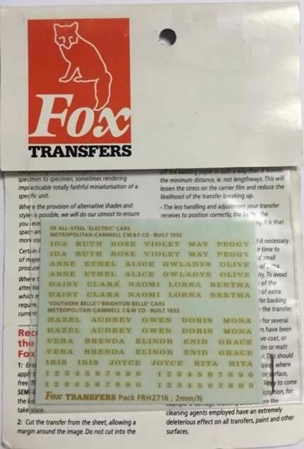 Fox Transfers: N Gauge: Carriage Names and Numbers